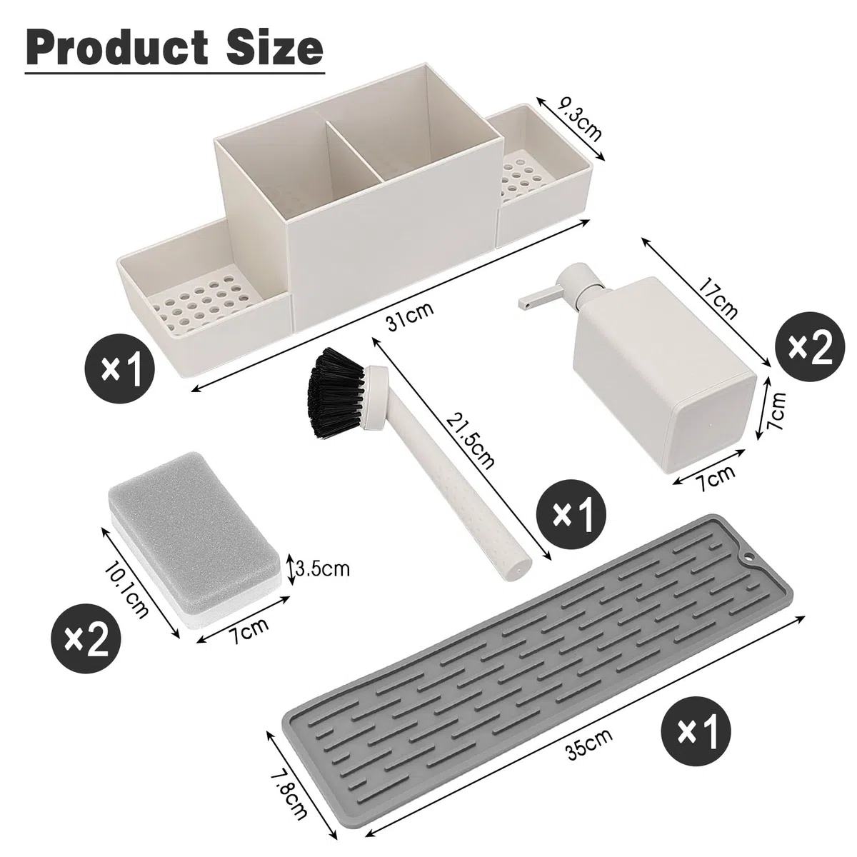 CAUTIOUS Organizador de Fregadero, Dispensador de Jabón de Esponja de Llástico, Juego de Dos Dispensadores de Jabón Líquido Lavavajillas 350ml, Organizador de Utensilios de Cocina (Blanco)