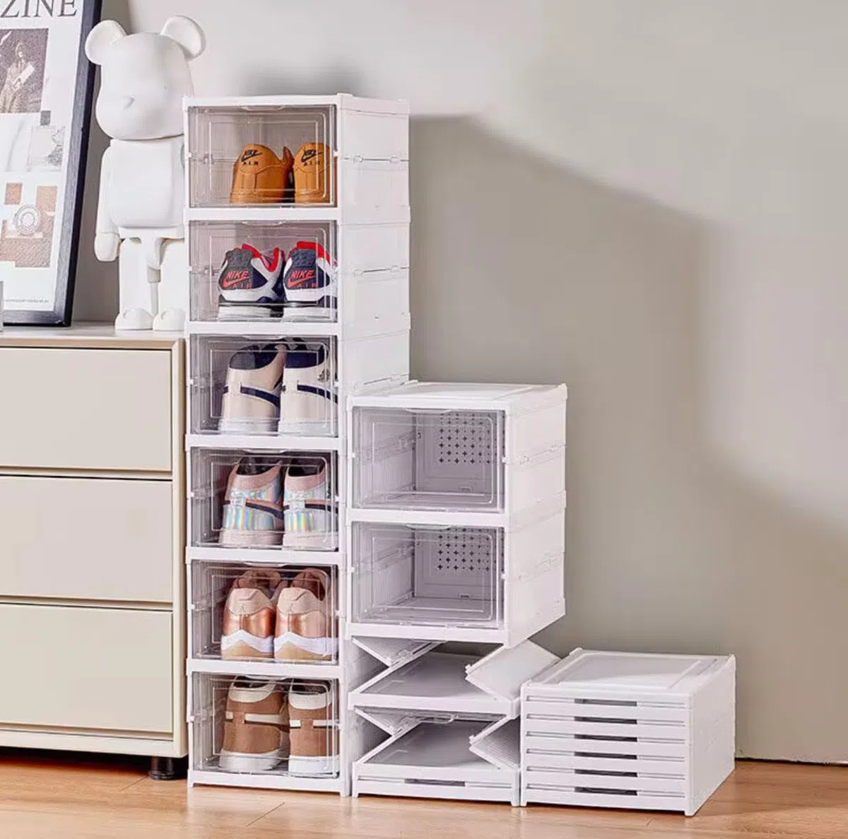 Cajas de zapatos transparente - Organizador de zapatos de plástico, 6 cajas de almacenamiento de plástico duro transparente, zapatero apilable con puerta magnética, organizador de zapatos armario.