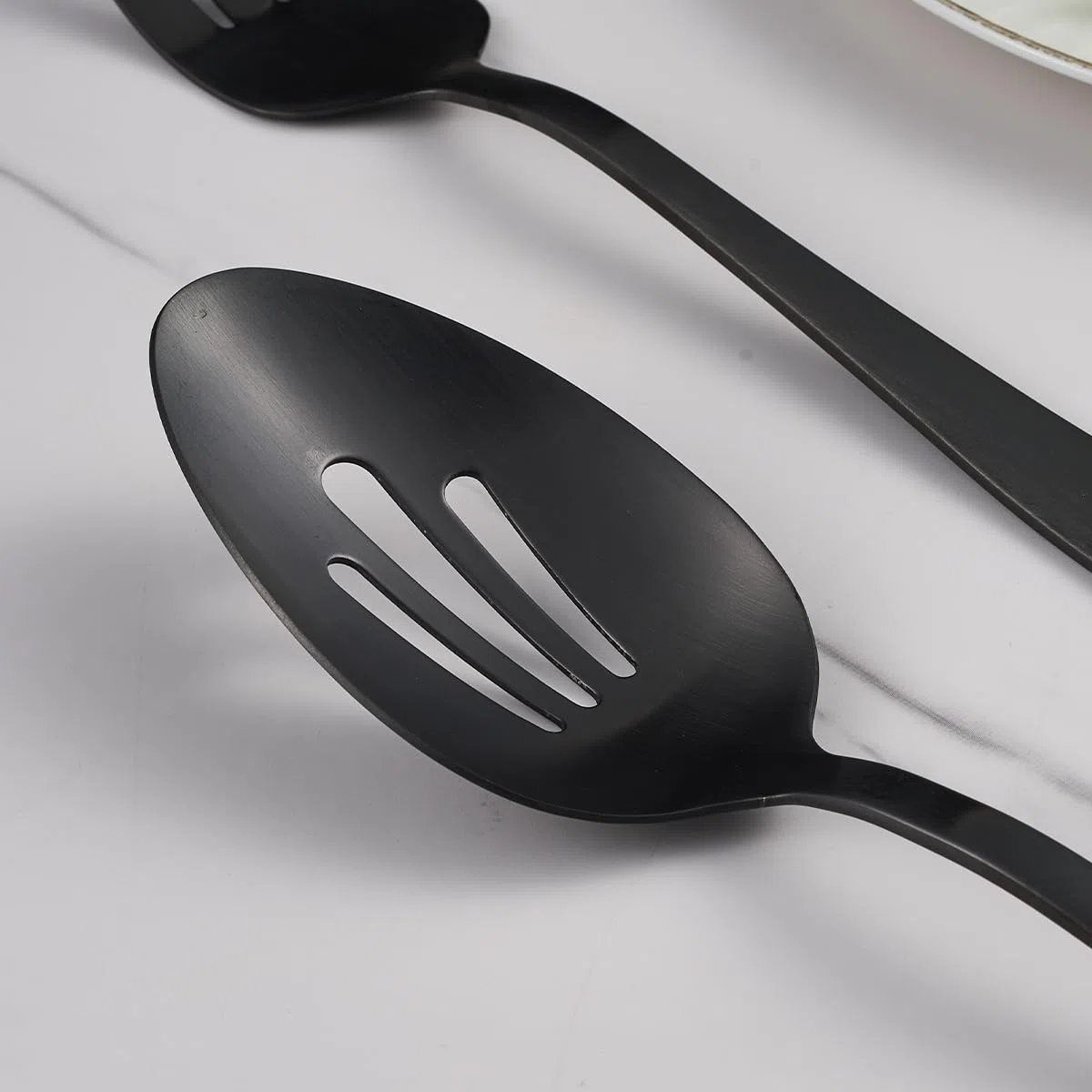 Juego de 6 piezas de servir grandes, 3 cucharas y 3 cucharas ranuradas, utensilios de acero inoxidable negro mate de 10.6 pulgadas, aptos para lavavajillas, para cocina, bufé, fiesta