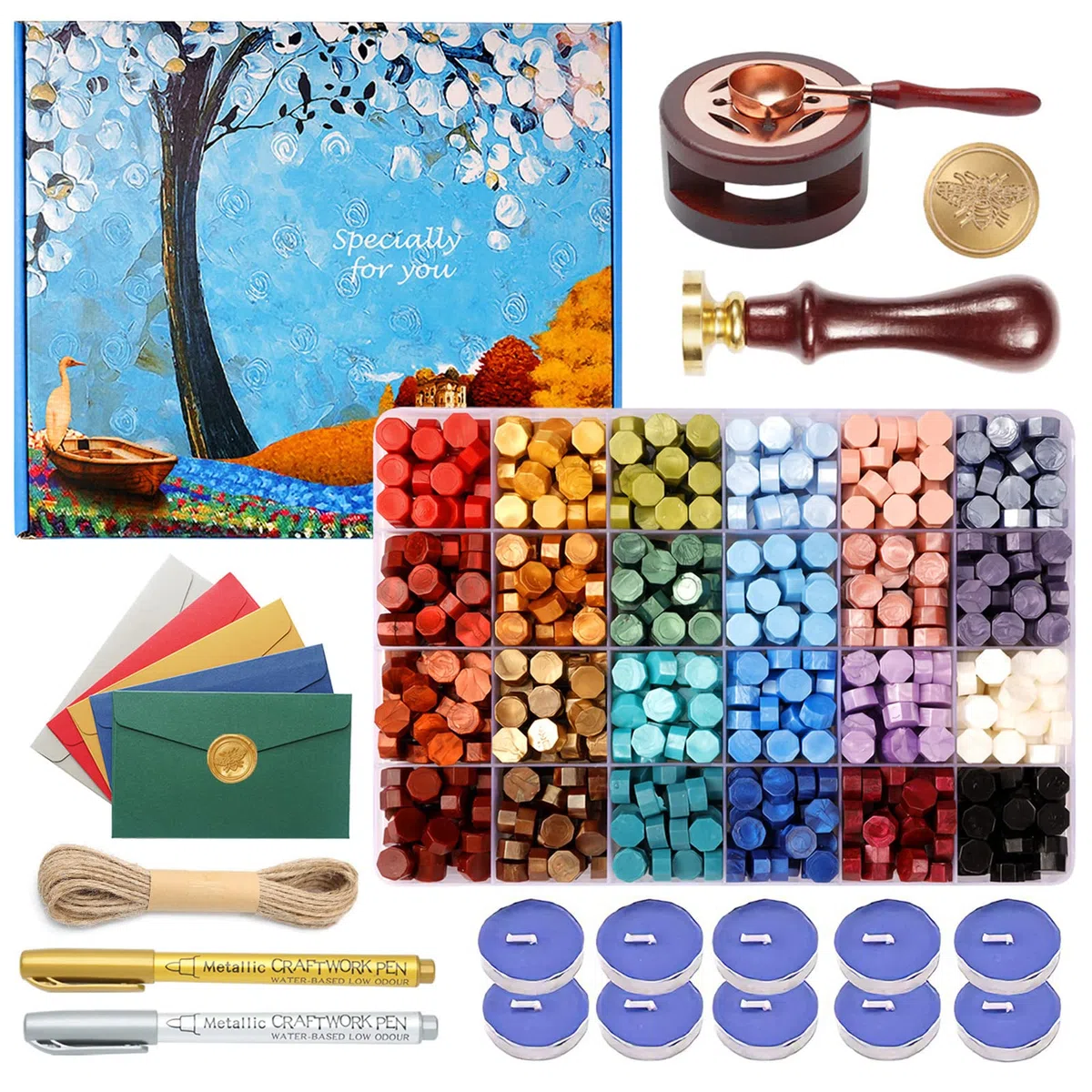 Kit de Sello de Lacre, 630 Perlas de Cera de Sellado, Caja de Regalo, 24 Colores, Calentador de Cera, Cucharas para Derretir, Velas de Té, Sobres