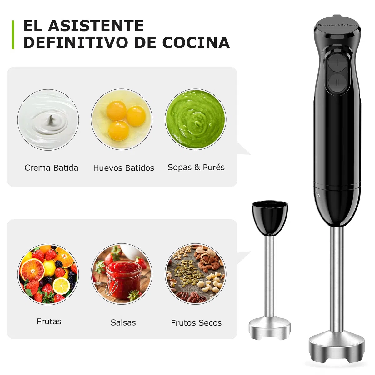 BonsenKitchen Batidora de mano, batidora de inmersión 2 en 1 de mano，vaso de precipitados de 700 ml para hacer alimentos para bebés, batidos, sopas, (negro)