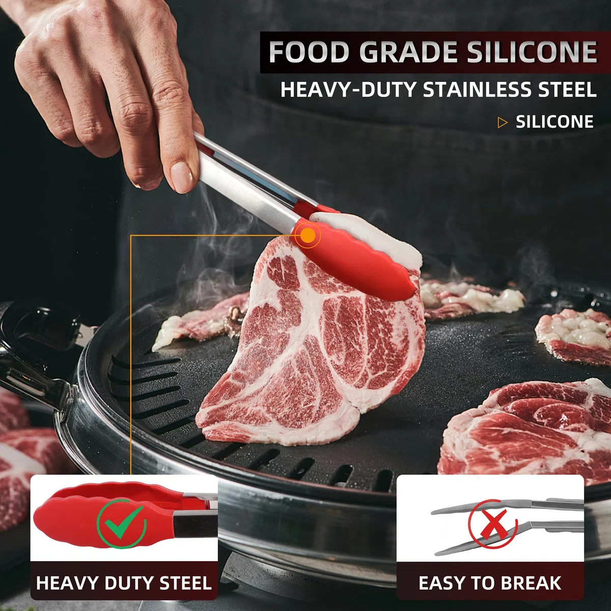 Pinzas de cocina de acero inoxidable de alta calidad, paquete de 3 para cocinar a la parrilla y barbacoa. Pinzas de bloqueo de metal cepillado duraderas con cómodo agarre ergonómico
