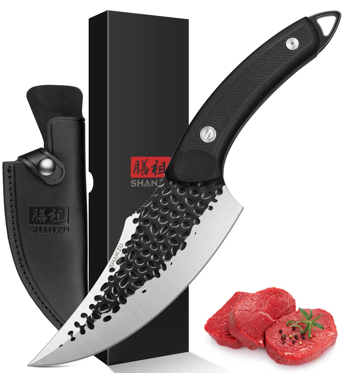 SHAN ZU Cuchillo Vikingo, 15cm Cuchillo de Cocina de Chef Japonés con Funda, Cuchillo de Deshuesar Forjado a Mano, Cuchillo de Carnicero con Mango G10, Cuchillo al Aire Libre y Cocina - Negro