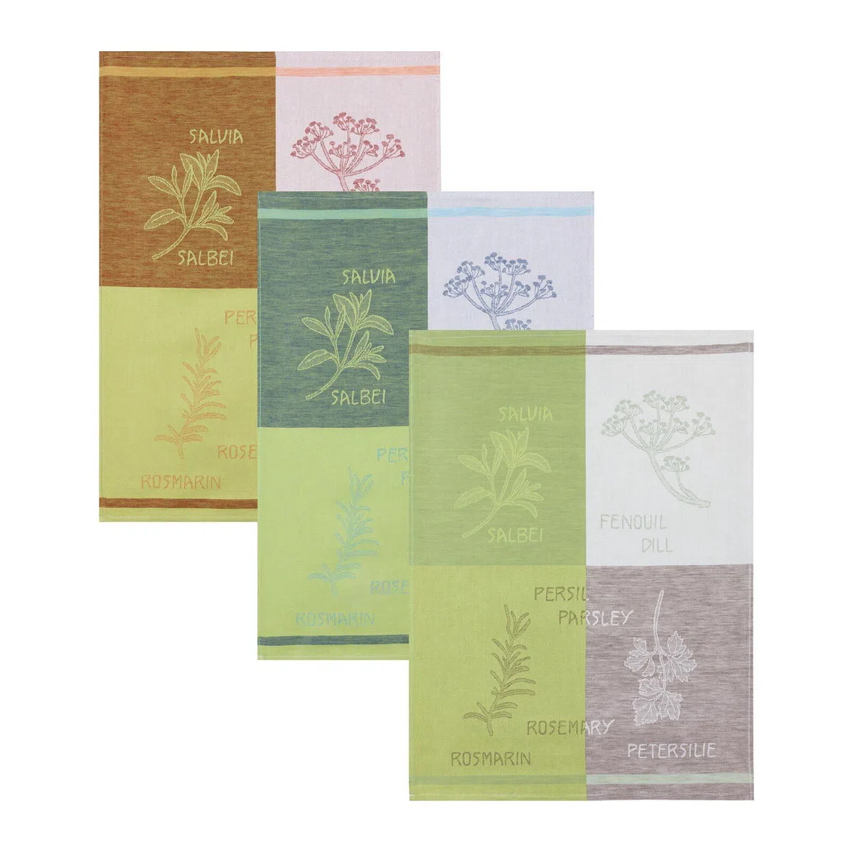 3 unidades Jacquard – Trapo, mitad de lino, TRIOLINO, cocina hierbas, tres colores diferentes, 50 x 70 cm