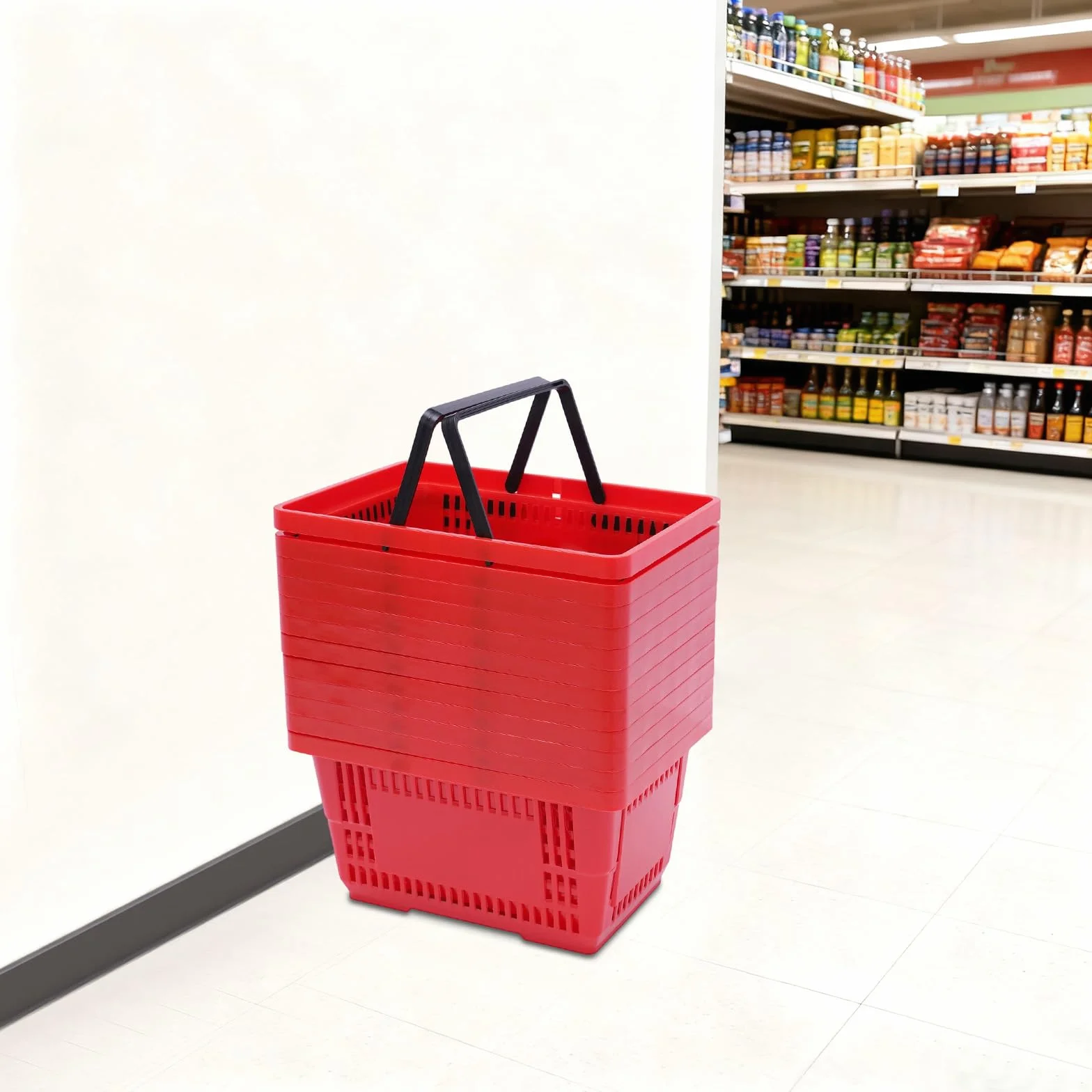 Cesta de la compra de plástico con asa, 12 unidades, 18 L, color rojo | Cesta de la compra apilable, cesta de la compra de supermercado, cesta de plástico portátil con asa, hasta 10 kg, color rojo