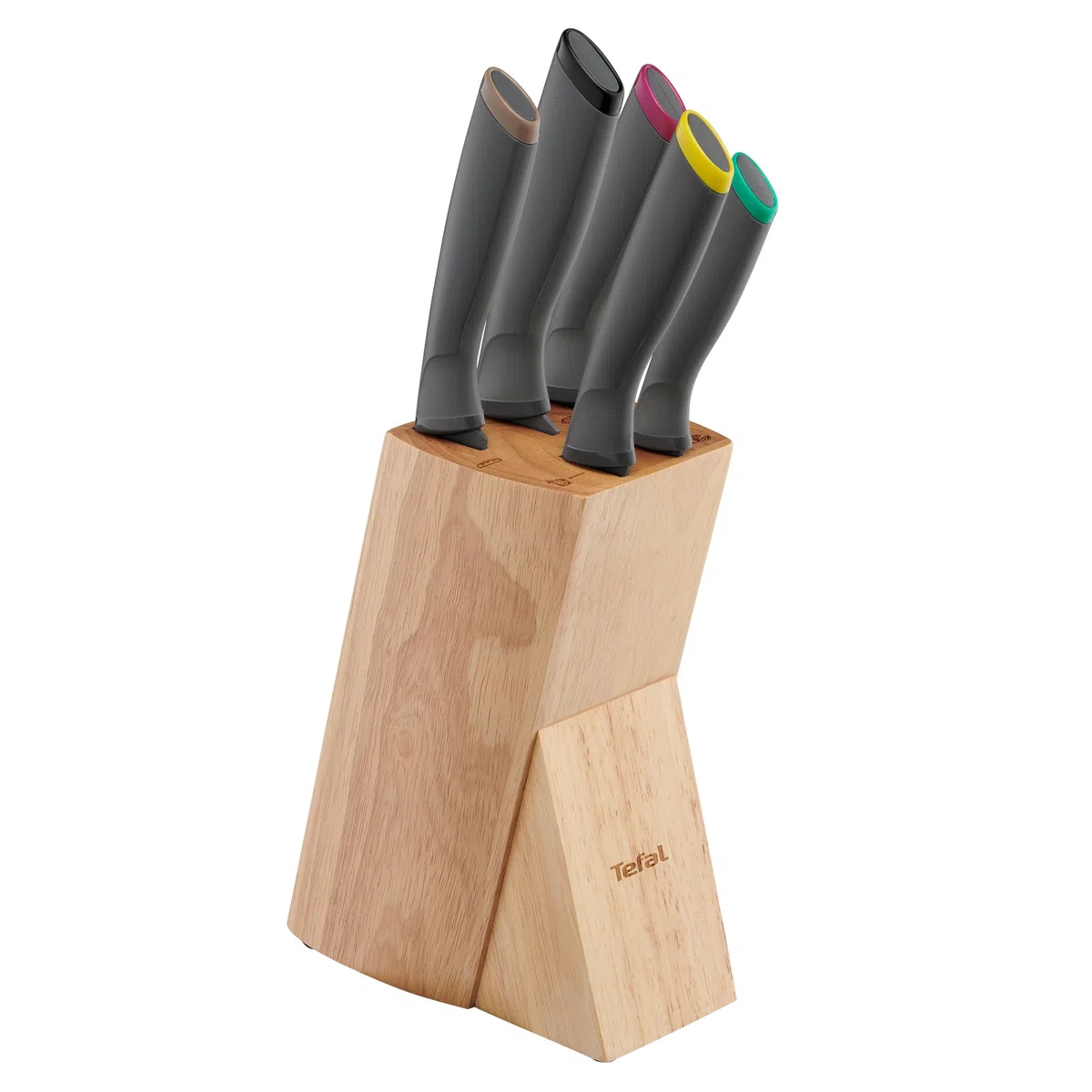 Tefal Fresh Kitchen - Bloque de madera con 5 cuchillos (Pelador 9 cm, Utilitario 12 cm, Chef 15 cm, Rebanador 20 cm, Pan 20 cm), acero inoxidable de alta precisión, K122S5