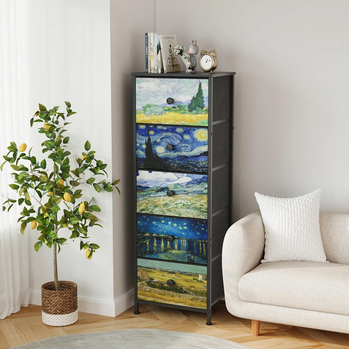 Cómoda con cajones de tela, estilo Van-Gogh, armario estrecho para tocador, armario de almacenamiento para dormitorio, armario industrial, pasillo, salón, habitación infantil (5 cajones)