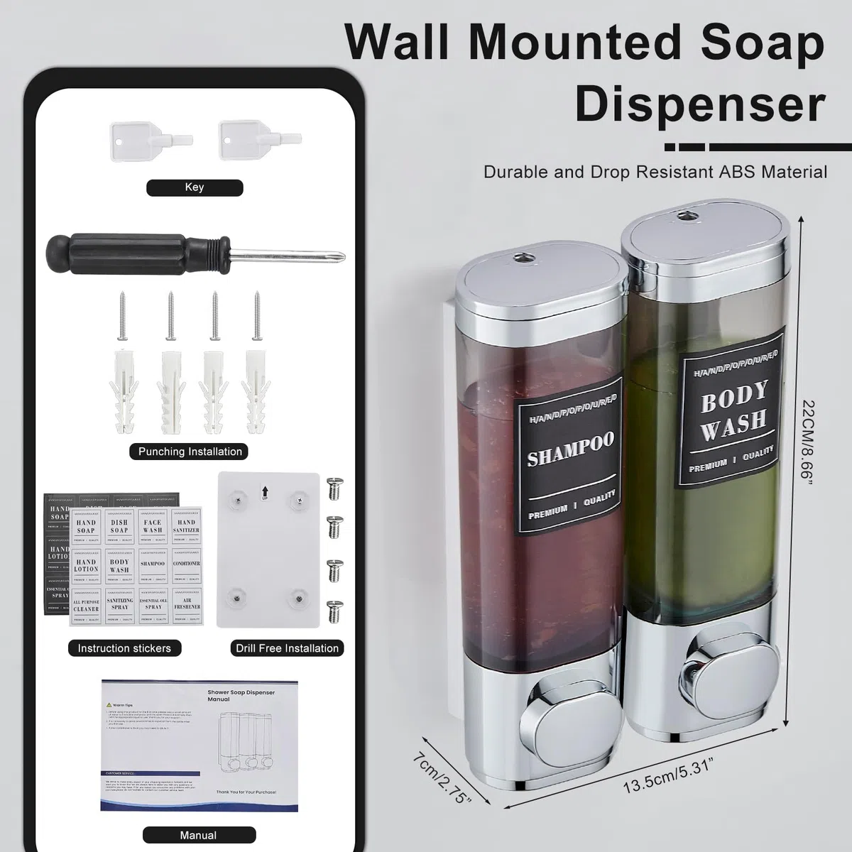 Dispensador de Jabón de Ducha 3 Recipientes, Sin Taladro – Dosificador para Champú, Acondicionador y Gel de Ducha de Gran Capacidad (2x300ml, Plata) para Baño, Cocina, Hotel Plata 2 cámaras