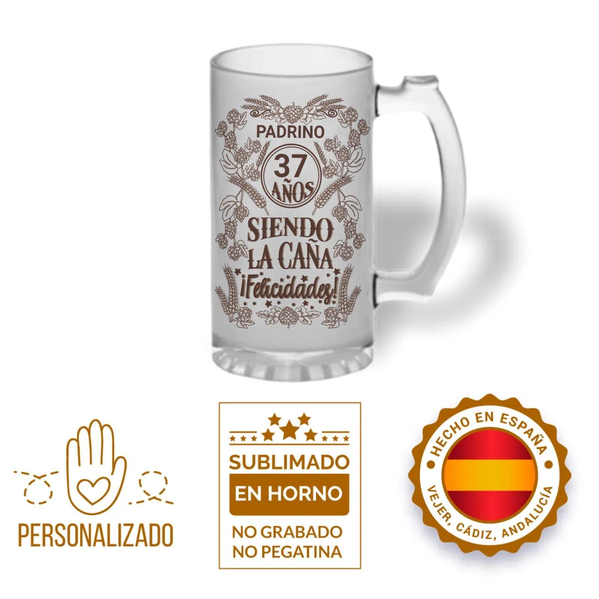 Jarra cerveza personalizada de cristal esmerilado. Regalo original: 40 años siendo la caña ¡Felicidades!...con nombre y año personalizados - cumpleaños