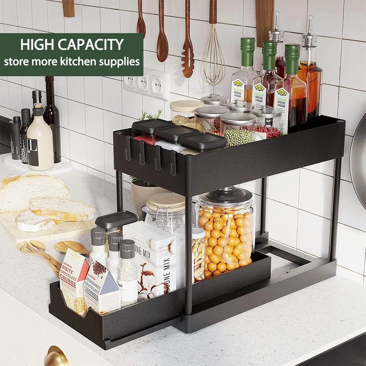 Bnimtm 2 Paquete Organizador Cocina, Estantería Bajo Fregadero, Estante Organizador Mueble Bajo Fregadero Cocina Lavabo（Sin Taza Colgante, Negro）