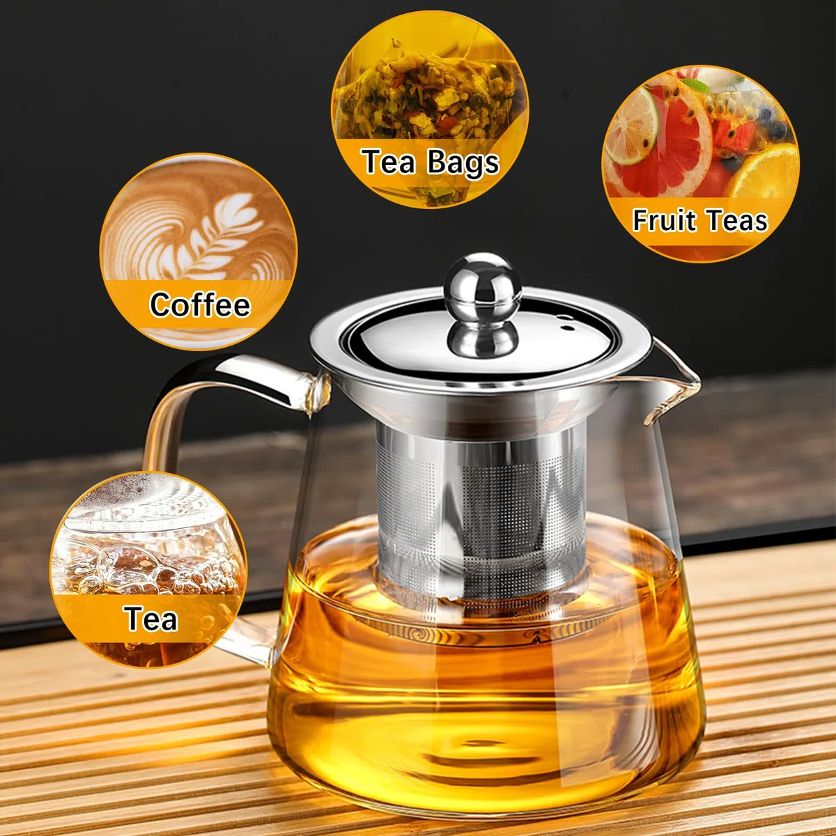 Teteras de Vidrio con Infusor, 1300ML Tetera de Cristal Borosilicato con 4 Tazas Tetera de Cristal para Hornillo con Calientaplatos Tea Pot Transparente Cristal para Té Hojas Sueltas Frutas Flor