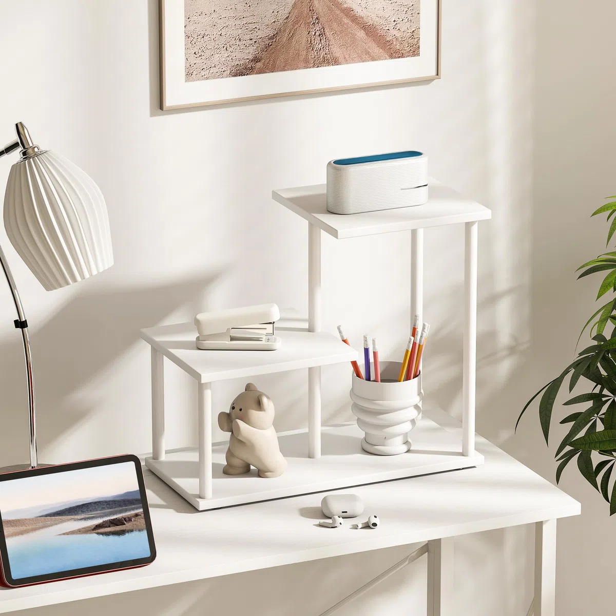 HOMCOM Estantería Efecto Madera Estantería Librería de 3 Niveles Estilo Moderna con Estructura de Metal Estante de Almacenamiento para Escritorio Oficina Cocina 40x20x34,5 cm Blanco
