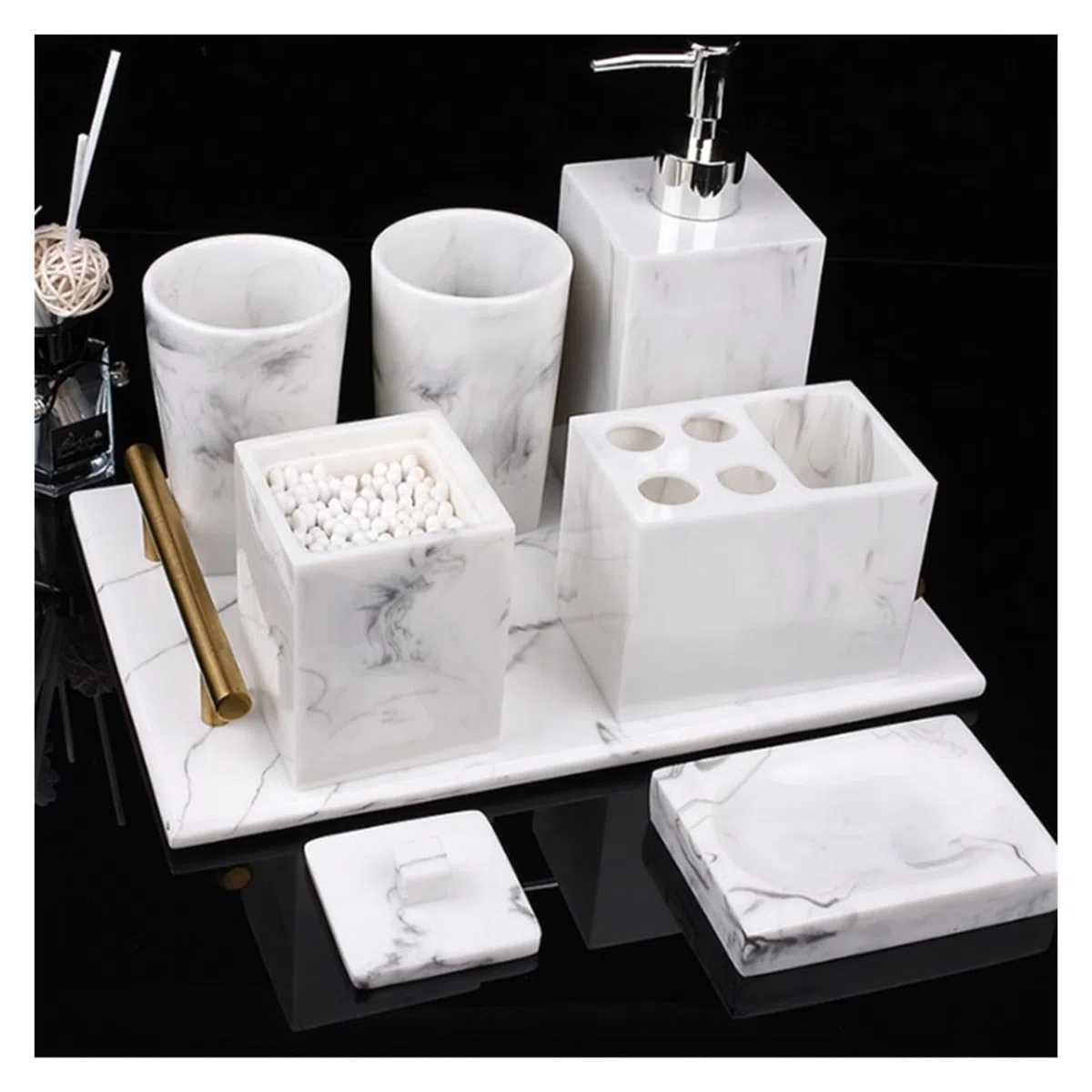 Set Dispensador Jabon Baño Juego de accesorios de baño de imitación de resina y mármol, soporte for cepillo de dientes, jabón, taza for enjuague bucal, botella de champú, juego de lavado for el hogar