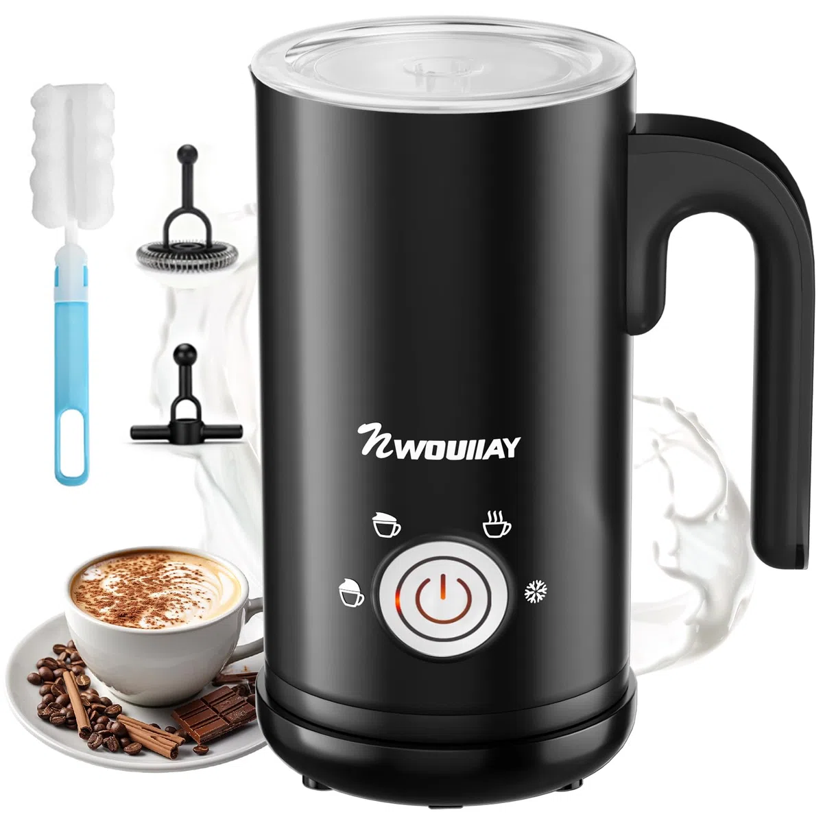 Espumador de Leche 4 en 1 Espumador Leche Eléctrico 600W 300ML Control de Temperatura Inteligente Espuma Caliente y Fría Calentador para Cappuccino, Chocolate caliente, Latte