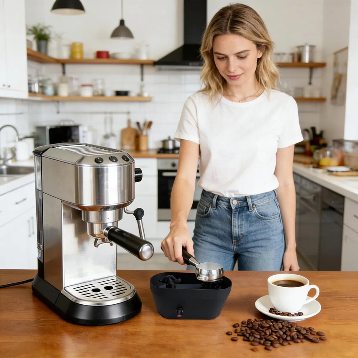 Juego de limpieza automática, limpiador de portafiltros eléctrico para café expreso, kit de limpieza con bandeja para sistemas de 51/53/58 mm, mantenimiento diario después de la elaboración de la
