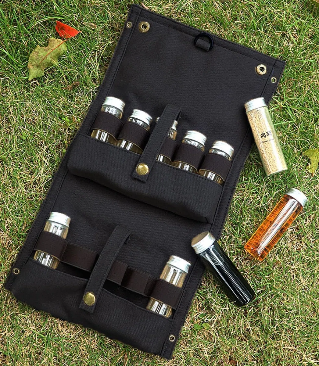 Kit de Especias de Camping con 10 Tarros de Especias, Bolsa de especias portátil, Juego de Botes para Especias, Portátil Tarros de Especias para Camping Acampar Barbacoa Picnic Viajes