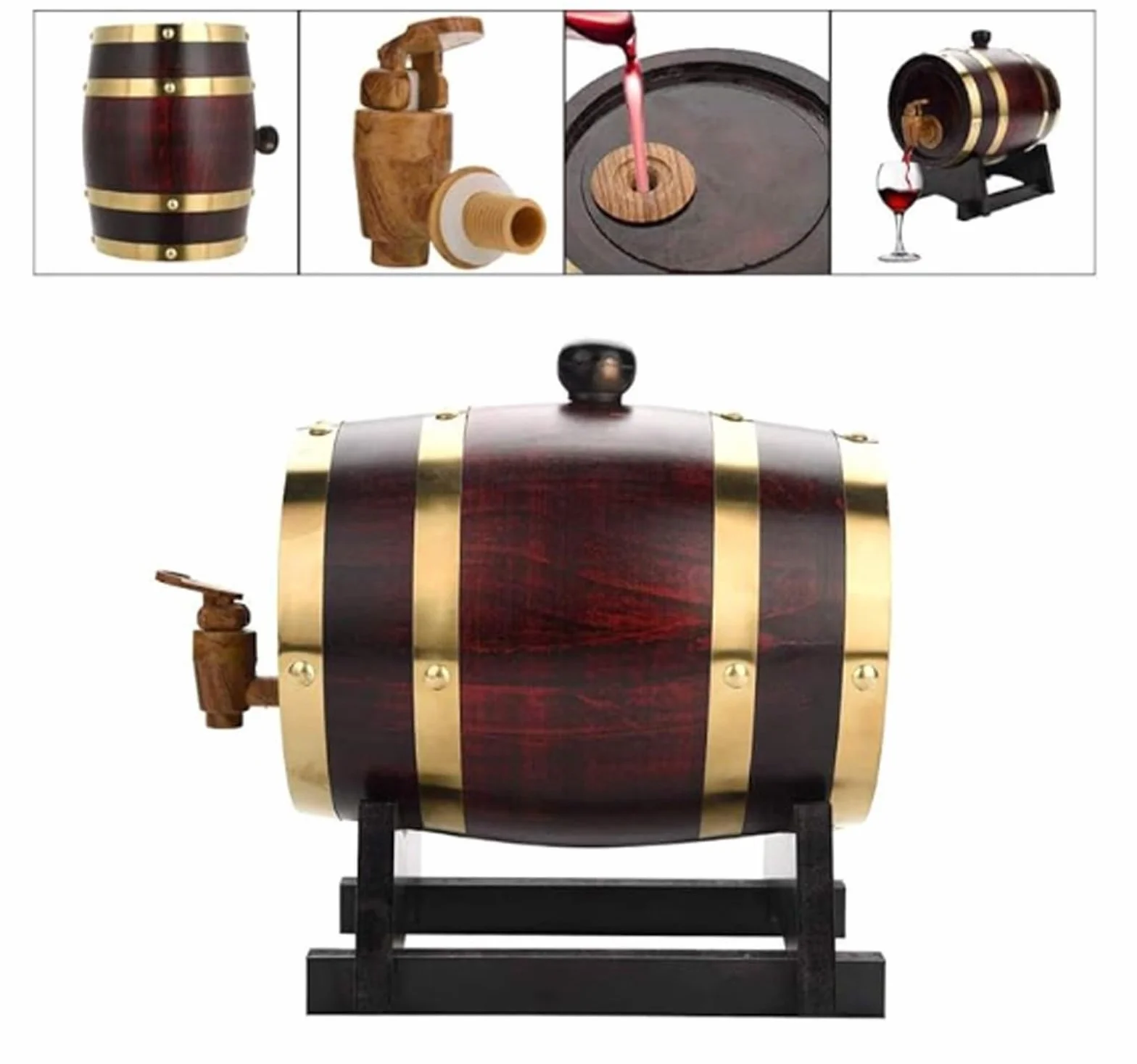 Barril de Vino de Madera Vintage de 5l/10l/15l/20l/30l/50l, Barriles con Soporte, Revestimiento de Papel de Aluminio, Ideal para Cueva de Hombre, Pub(F,10L)