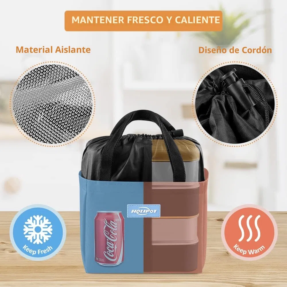 Fiambrera, Bento Lunch Box Estilo Japonés con Bolsa Termica Porta Alimentos, Cuchara y Tenedor Para Adultos Niños