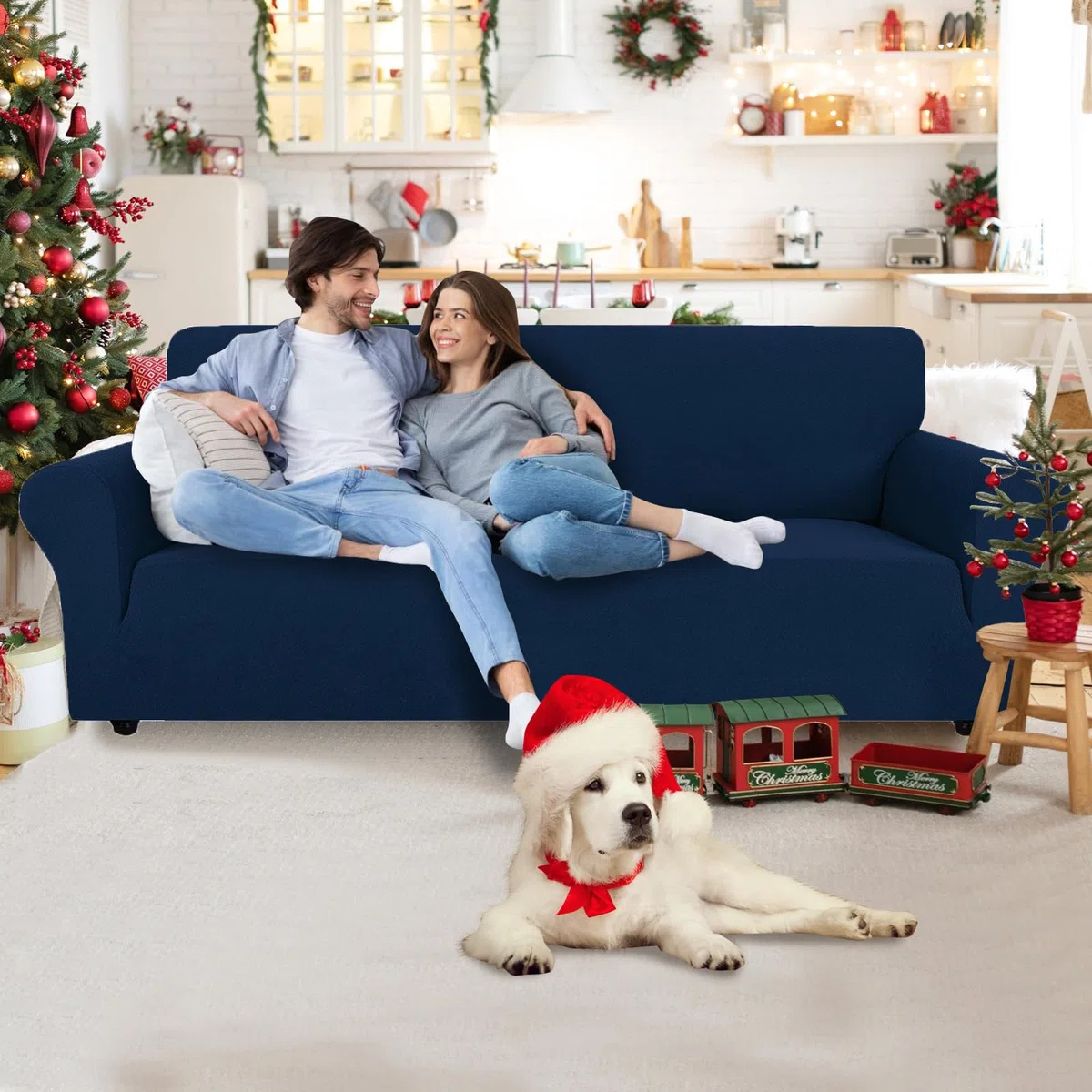 Funda Sofa 1 Plaza Ajustable, Fundas para Sillones Elastica Antideslizante Antimanchas, Universales Couch Cover con Reposabrazos, Lavables, Azul Oscuro