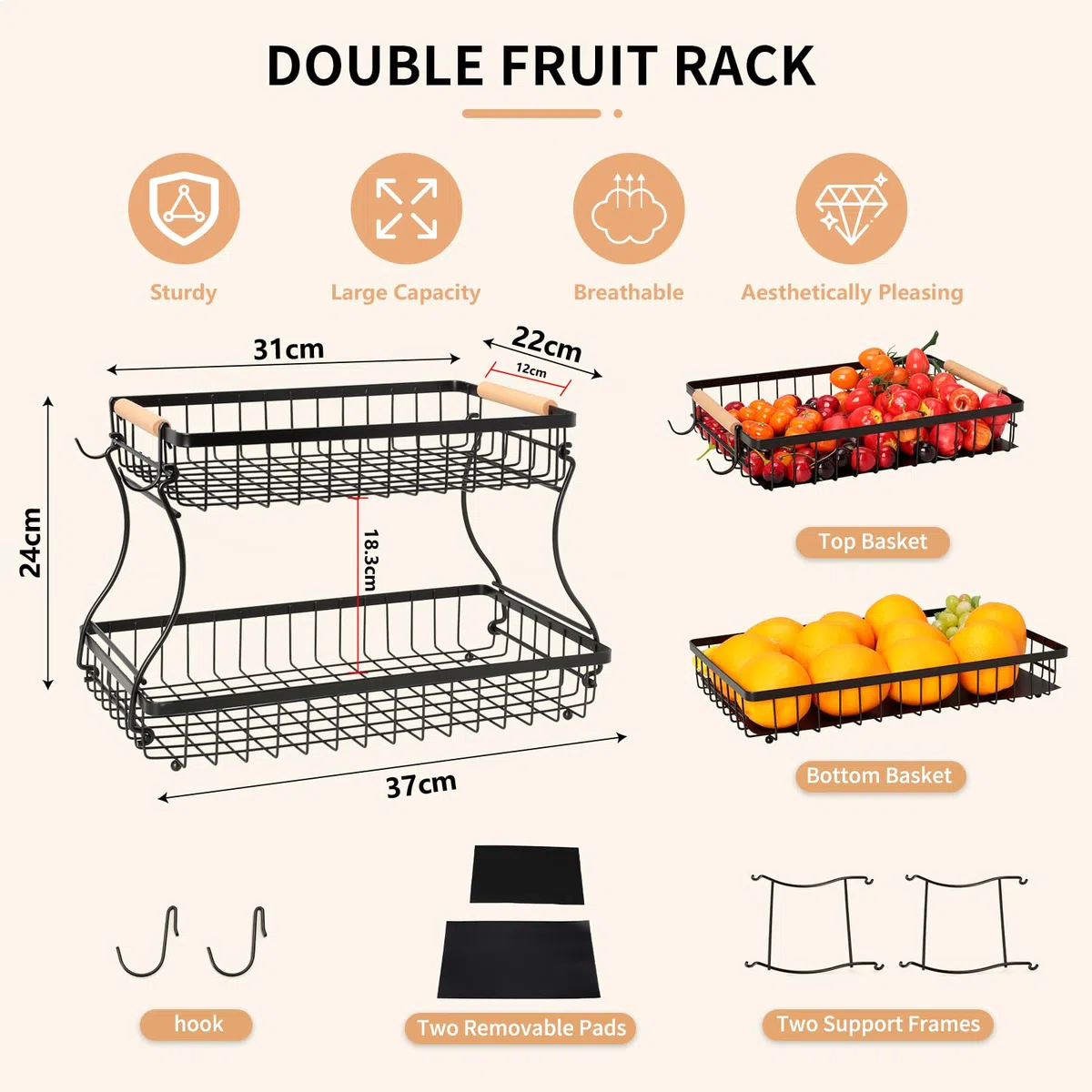 Cozary Cesta de Frutas Metal 2 Pisos, Moderno, Frutero con 2 Bandejas, 2 Ganchos, Fruteros de Cocina para Almacenamiento y Organización Verduras, Fruta, Pan, Ahorra Espacio en Cocina, 37x24x23cm