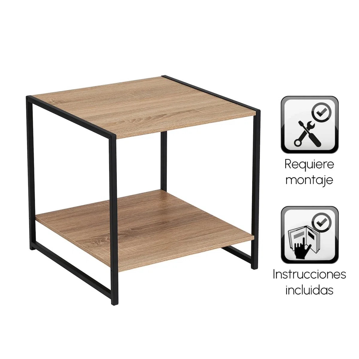 LOLAhome - Mesa Auxiliar Urban Metal Negro y Tablero Natural de 50x50x50 cm. Mesita de Salón Cuadrada con Estante Inferior Ideal Junto al Sofá para Almacenaje. Soporta 30kg
