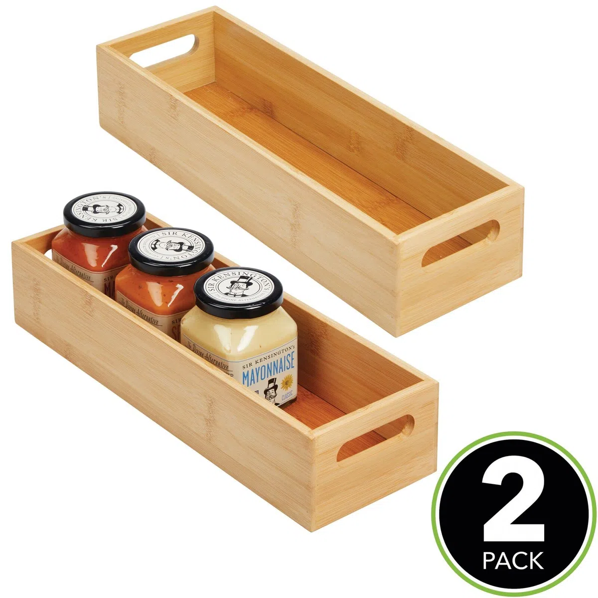 mDesign Juego de 2 cajas de almacenamiento con asas, práctica caja de madera para almacenamiento de alimentos, especias, nueces o botellas, bandeja de bambú abierta para cocina, color bambú