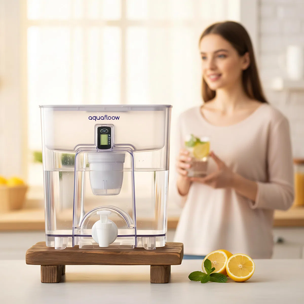 Aquafloow Jarra Filtrante 9,5L, Dispensador de Agua Todo en 1 con Grifo y Filtro, Reducción de Cal, Cloro, Plomo y Cobre en el Agua Potable – Solución Ecológica y Práctica