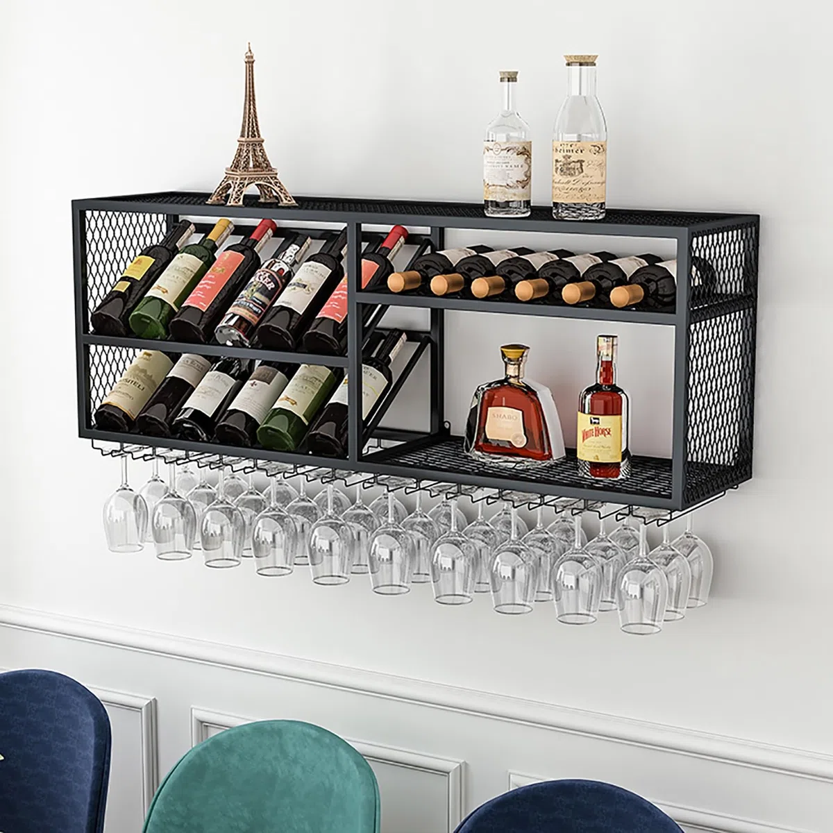 Botellero Pared Para Botellas, Botellero De Hierro De Estilo Industrial, Enfriador De Vino Metálico, Botellero Colgante Con Soporte De Cristal, Estante Multifuncional Champán De Hierro ( Color : Black