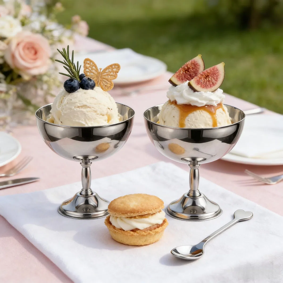 Tissting 4 Tazas Helado Acero Inoxidable 11cm Cuencos Postre Patas Retro | Ensalada Pudín Servir Fiestas Bodas Cocinas Platos Decorativos