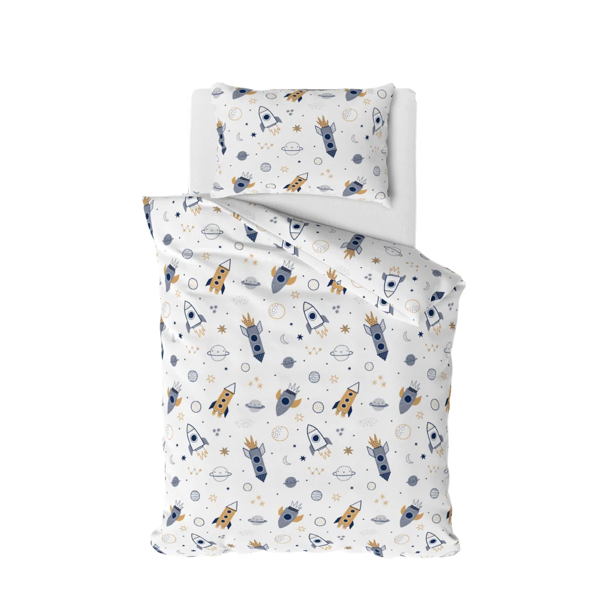 Ropa de cama infantil, diseño de espacio y cohetes, funda nórdica 100x135 cm y funda de almohada 40x60 cm, algodón Öko-Tex (espacio)