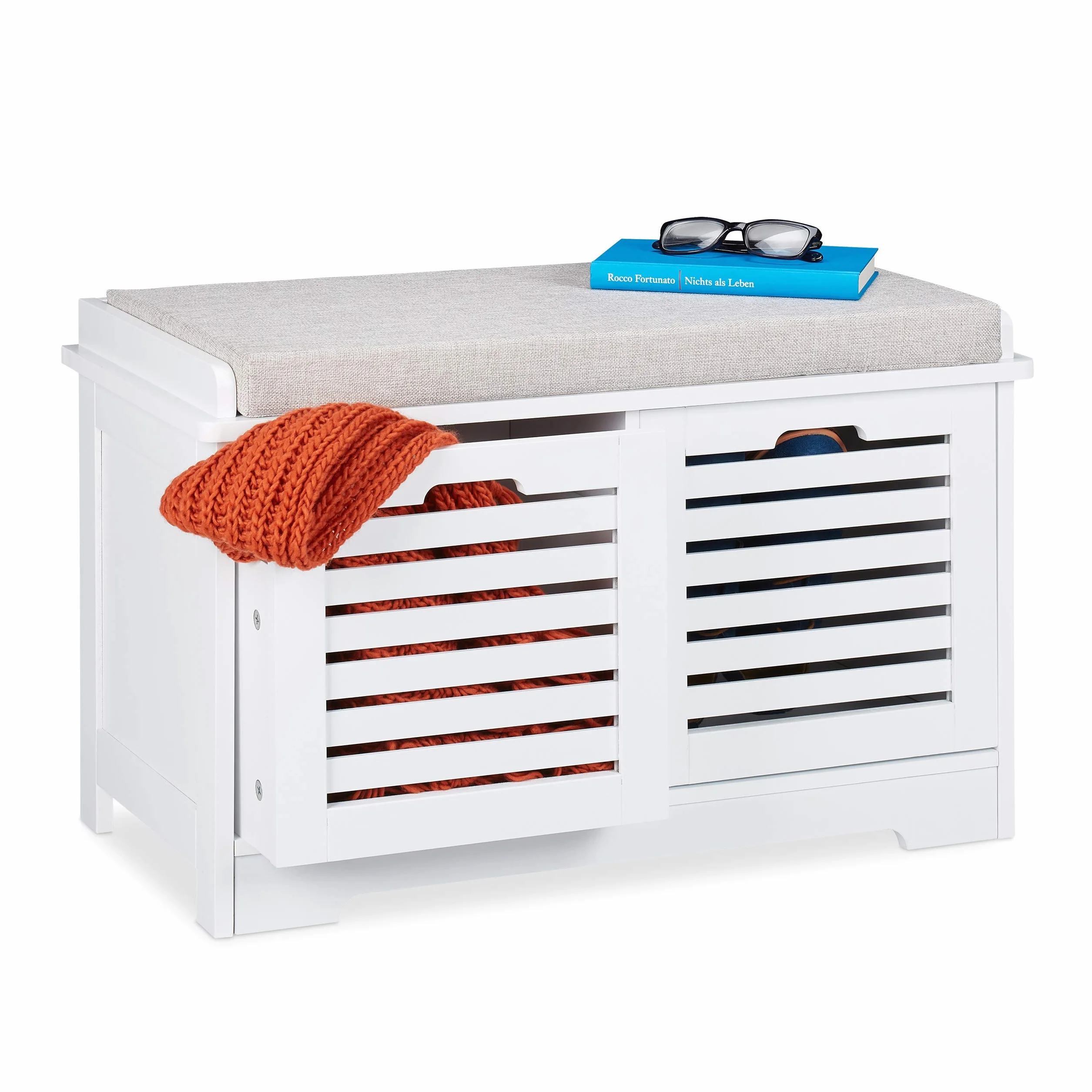 Relaxdays Banco Almacenamiento con 2 Cajones y Cojín, Recibidor, Cocina, DM-Poliéster, 1 Ud., 44 x 72 x 35 cm, Blanco