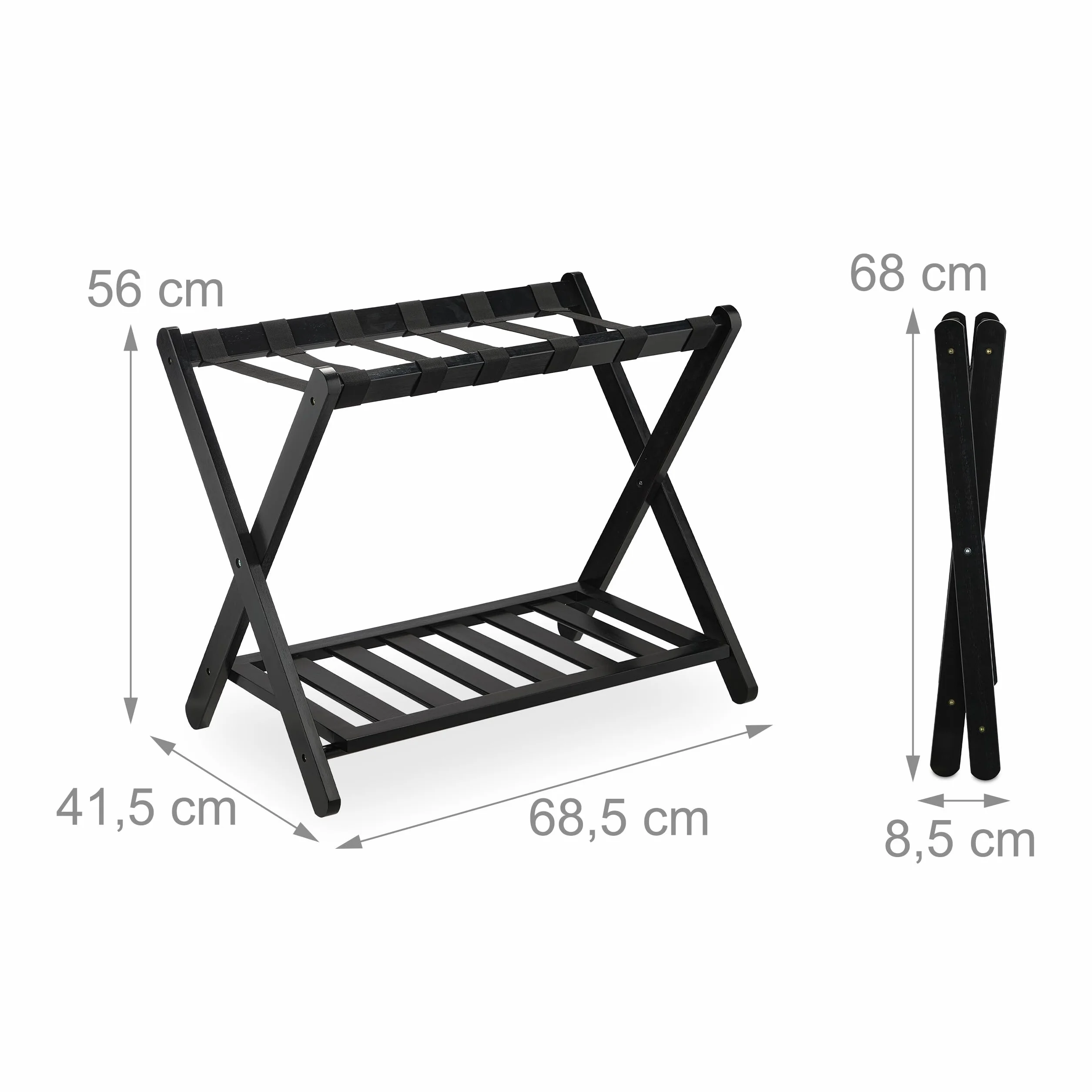Relaxdays Soporte para Maletas, Plegable, 56 x 68,5 x 41,5 cm, Portamaletas para Hotel con Balda, Reposamaletas, Negro