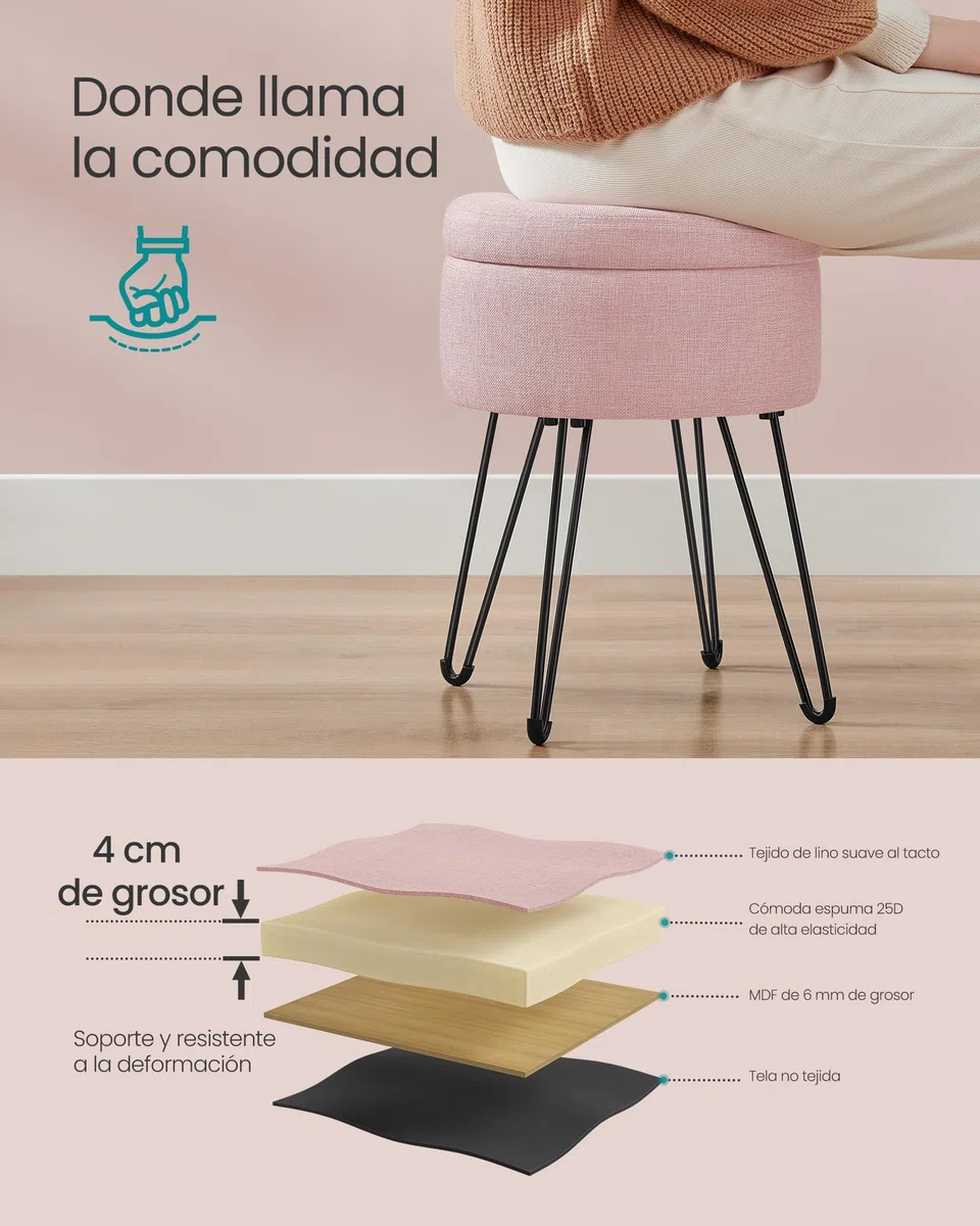 SONGMICS Puff Almacenaje, Baul Almacenaje, Banco Almacenaje Redondo, Taburete de Tocador, 39 x 44,1 cm, 4 Patas de Metal, Asiento Acolchado, Rosa Jalea LOM002R01
