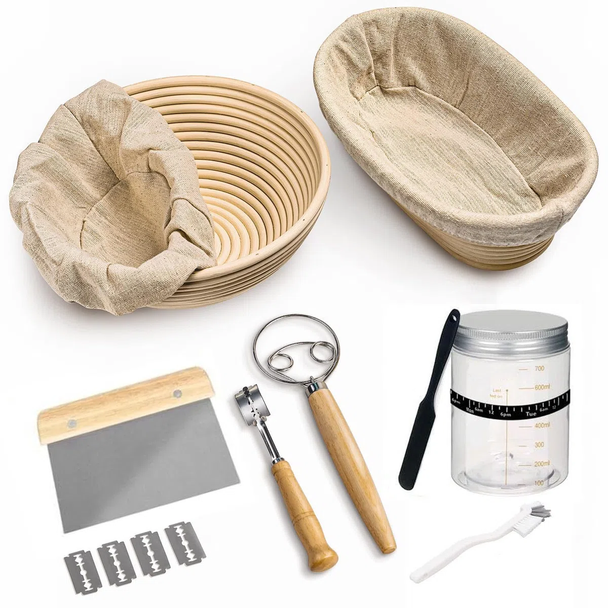 Kit Para Hacer Pan Masa Madre de 8 Piezas,Cesta de Fermentación,Set de Iniciación Para Principiantes,Kit de Inicio de Cesta Redonda Para Prueba de Pan