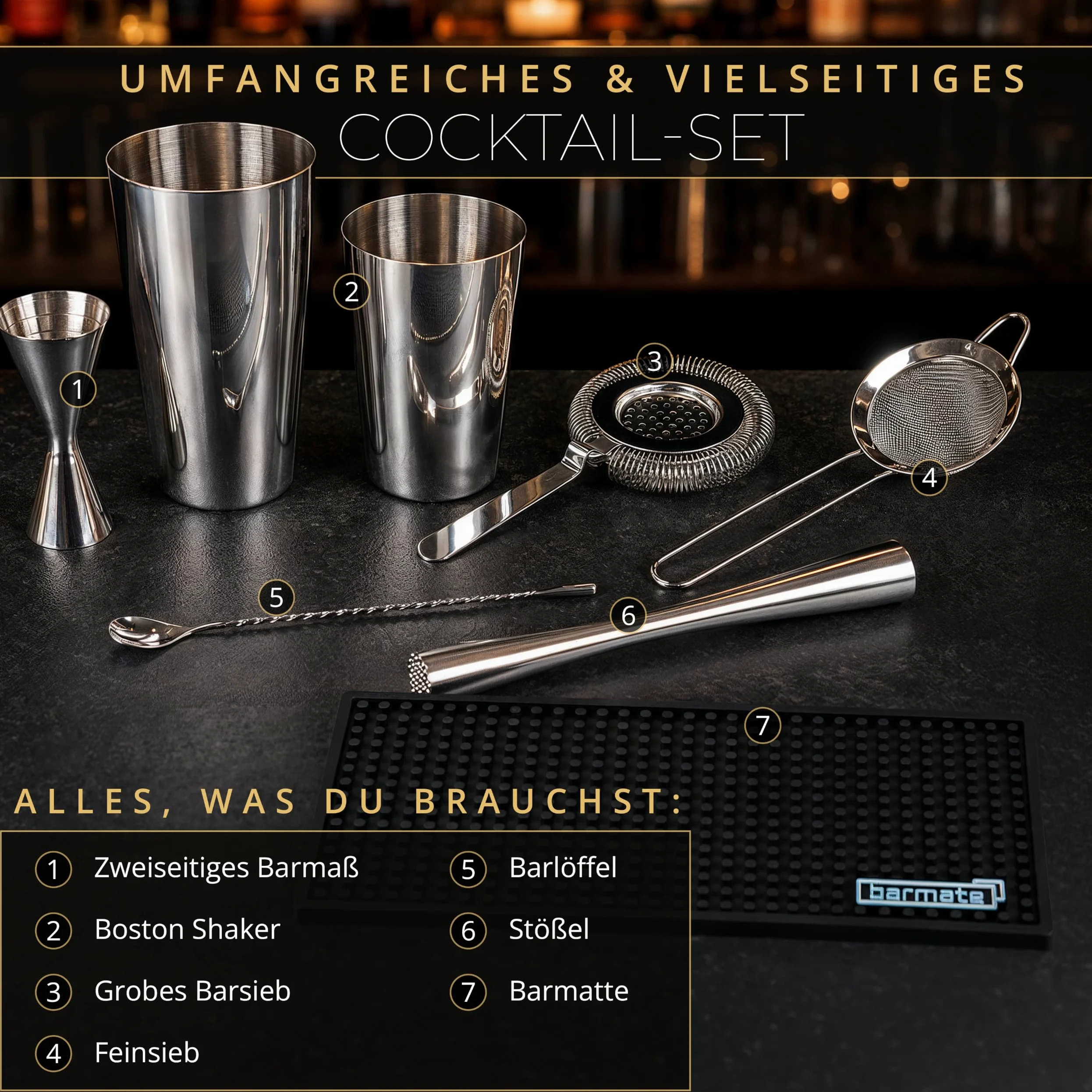 Juego de coctelera de acero inoxidable Boston, Pack Coctelería Cocteles, 7 piezas, compuesto por coctelera, jigger, cuchara de bar, 2 cocidos, muddler y estera de bar
