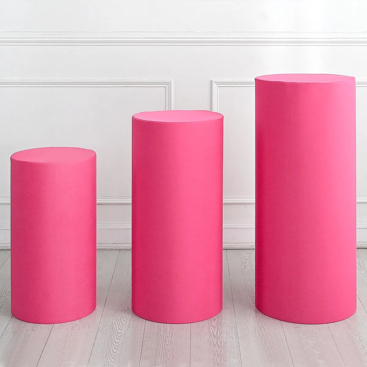 QUARKZMAN Juego De 3 Fundas Para Base De Cilindro Color Rojo Rosa, Funda Para Base De Pedestal Para Decoración De Fiestas, Solo Contiene Fundas De Cilindro (Tela Elástica - Grande)