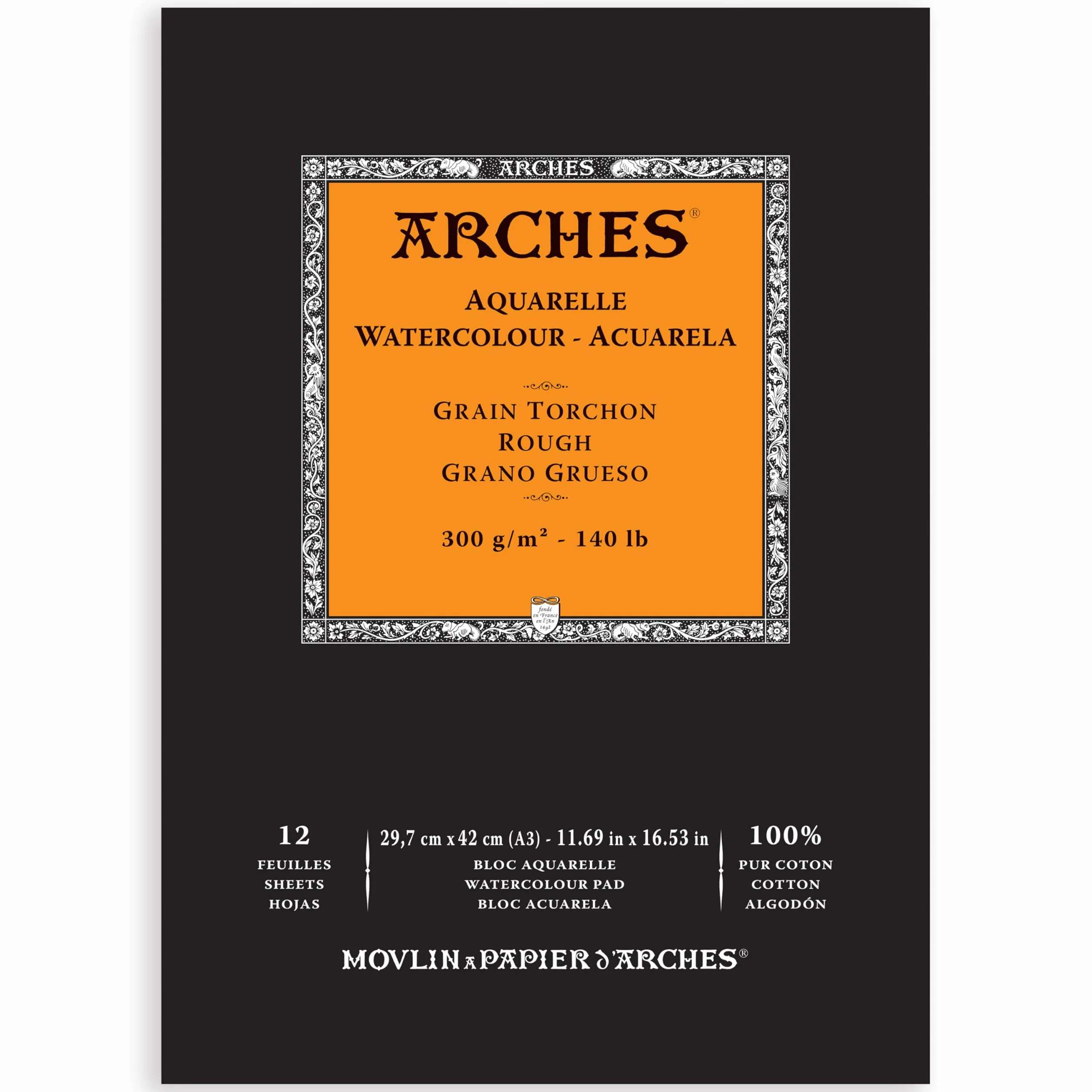 Arches - Papel de acuarela, bloc 12 hojas engomado 1 lado, grano grueso, 300 g/m², A3
