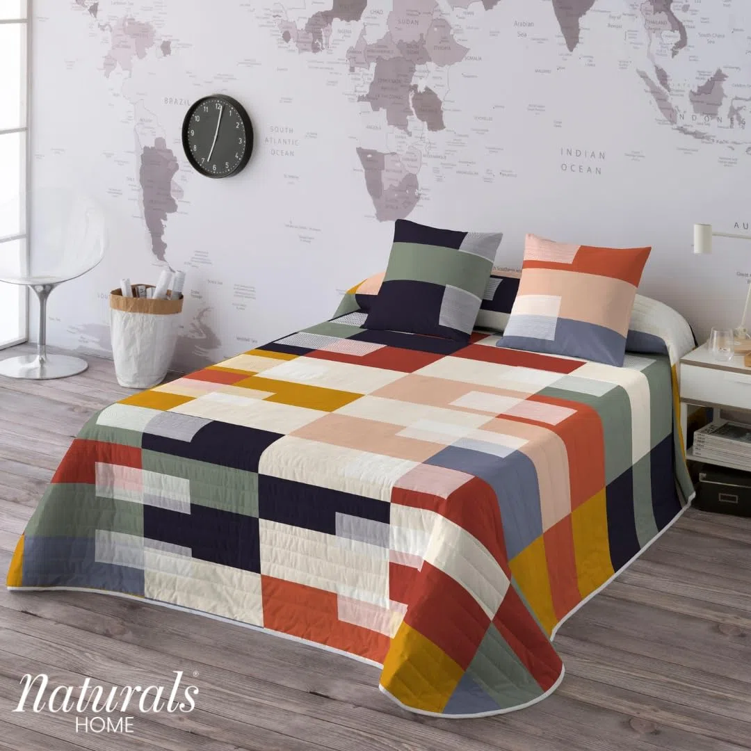 NATURALS - Colcha Bouti Estampada | Cama 90 (180x260 cm) | Microfibra Extrasuave | 1 Funda de Cojín 50x50 cm | Cubrecama Acolchado a Líneas | Ideal Primavera y Verano | Rozko