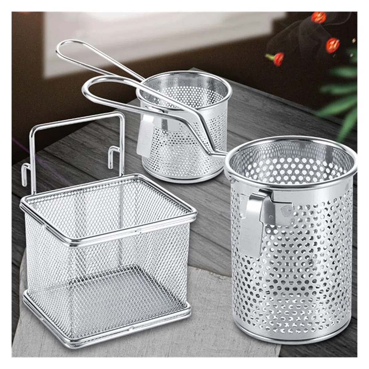 Cesta para freidora de acero inoxidable 304, cesta para freír en caliente, filtro para sartén, colador de alimentos, pantalla para fugas de aceite, cesta coladora con filtro para bolas de masa hervi