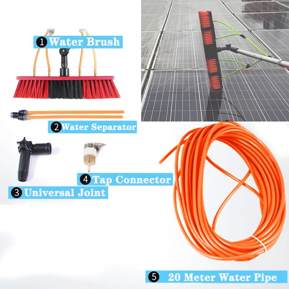 Cepillo telescópico de Lavado de 3-12 m | Limpiacristales y Paneles solares | Cabezal de 35/55 cm | Manguera de 20 m | Ideal para terrazas, tejados, canalones y módulos f