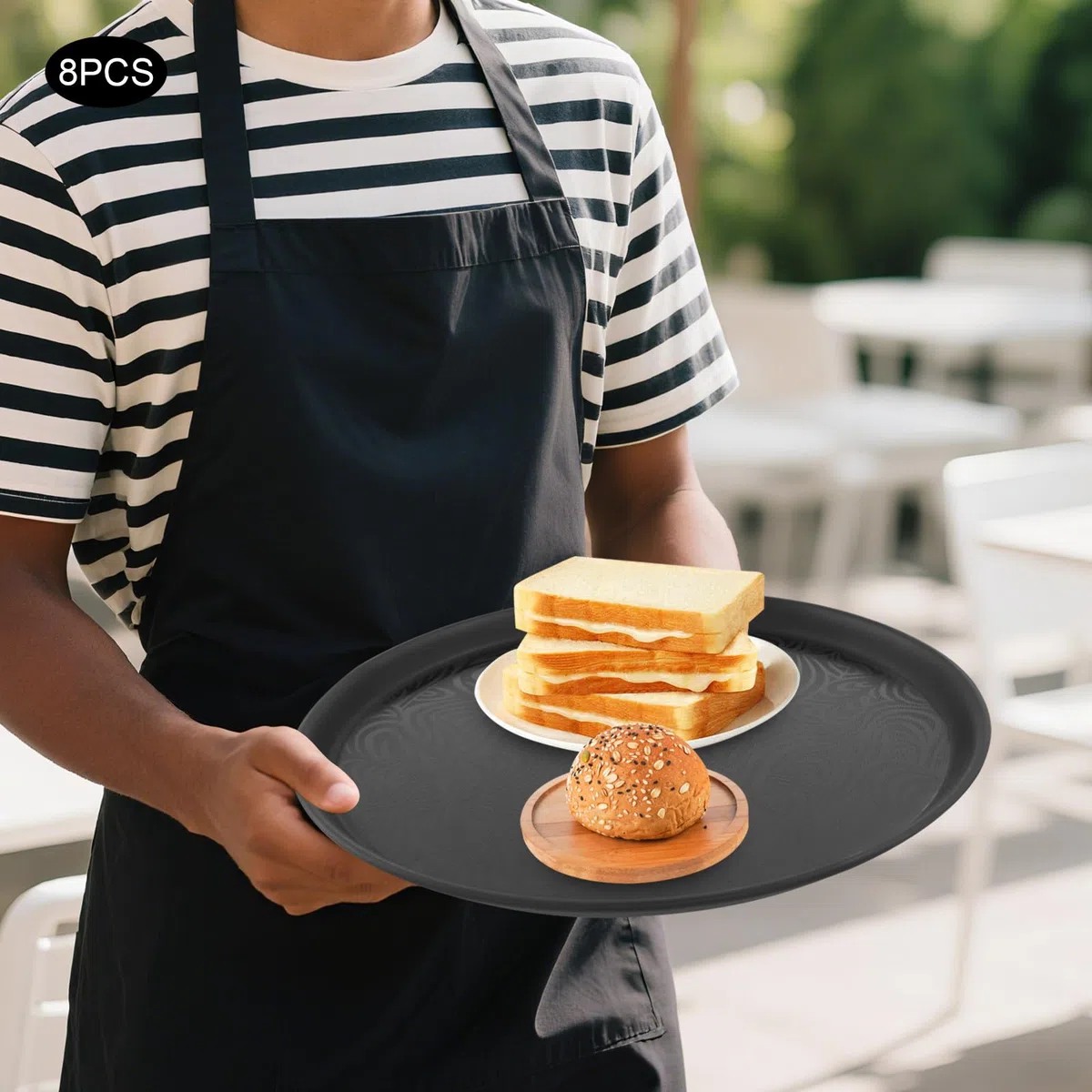 Juego de 8 bandejas de servicio redondas antideslizantes de plástico resistente, color negro, bandeja de restaurante para hoteles, cafés y bar, ligera y robusta para bebidas y comidas (35
