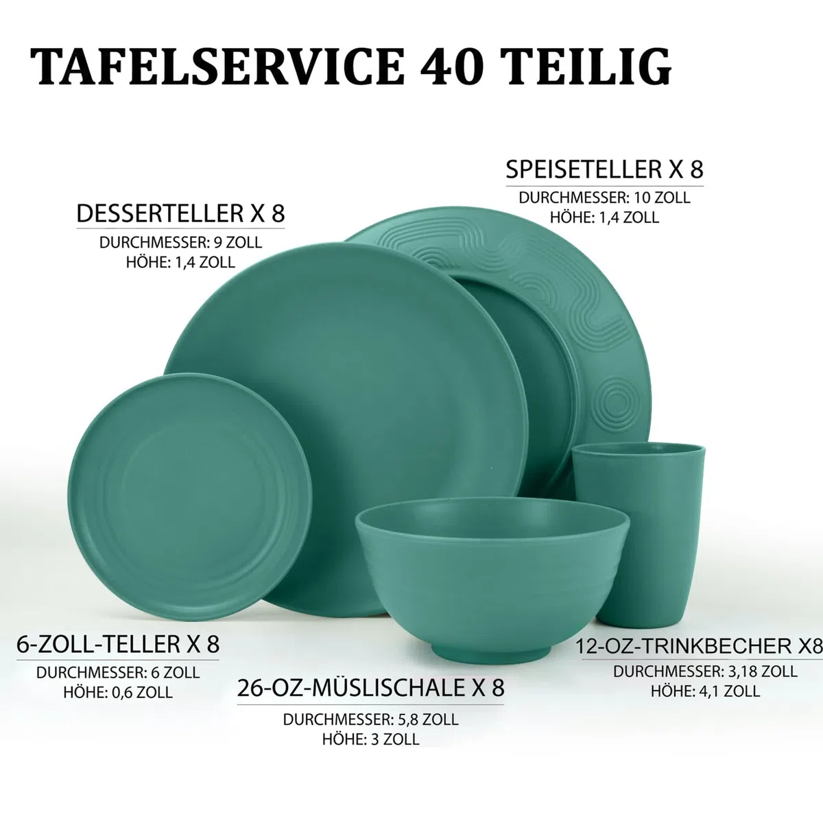 Wrova Juego de vajilla de 40 piezas, platos y cuencos con vaso, juego de platos irrompibles para 8 personas, apto para lavavajillas y microondas, para camping, autocaravanas - verde oscuro