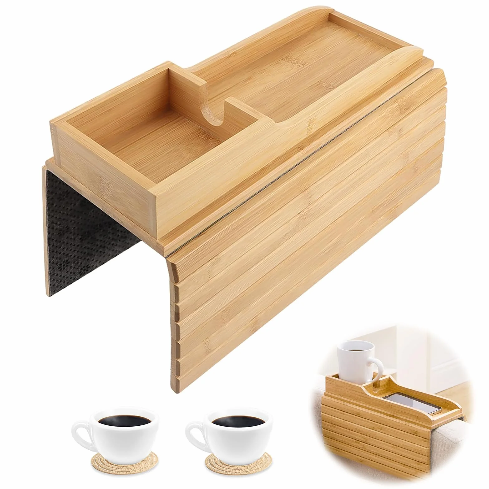 Bandeja de Brazo para Sofá con Alfombrillas para Tazas, Bandeja para Reposabrazos de Sofá Plegable, Mesa de Brazo de Sofás Bandejas de Sofás de Madera Antideslizante con Portavasos para Mando, Tazas