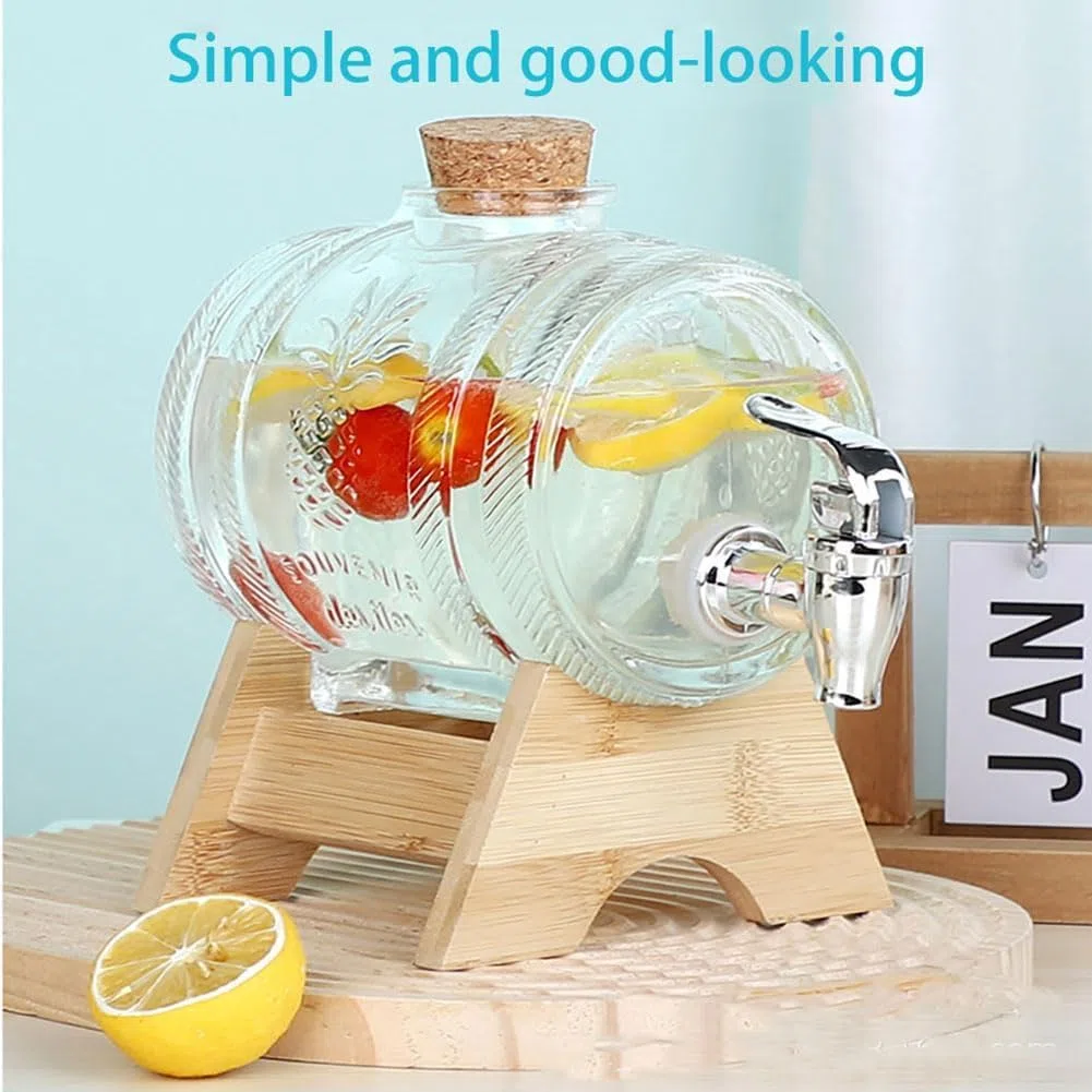 Dispensador de bebidas de vidrio 1L/3L/5L Dispensadores de bebidas heladas con grifo y soporte de madera, dispensador de bebidas Dispensador de bebidas frías para barbacoa, picnic, fiesta en la piscin