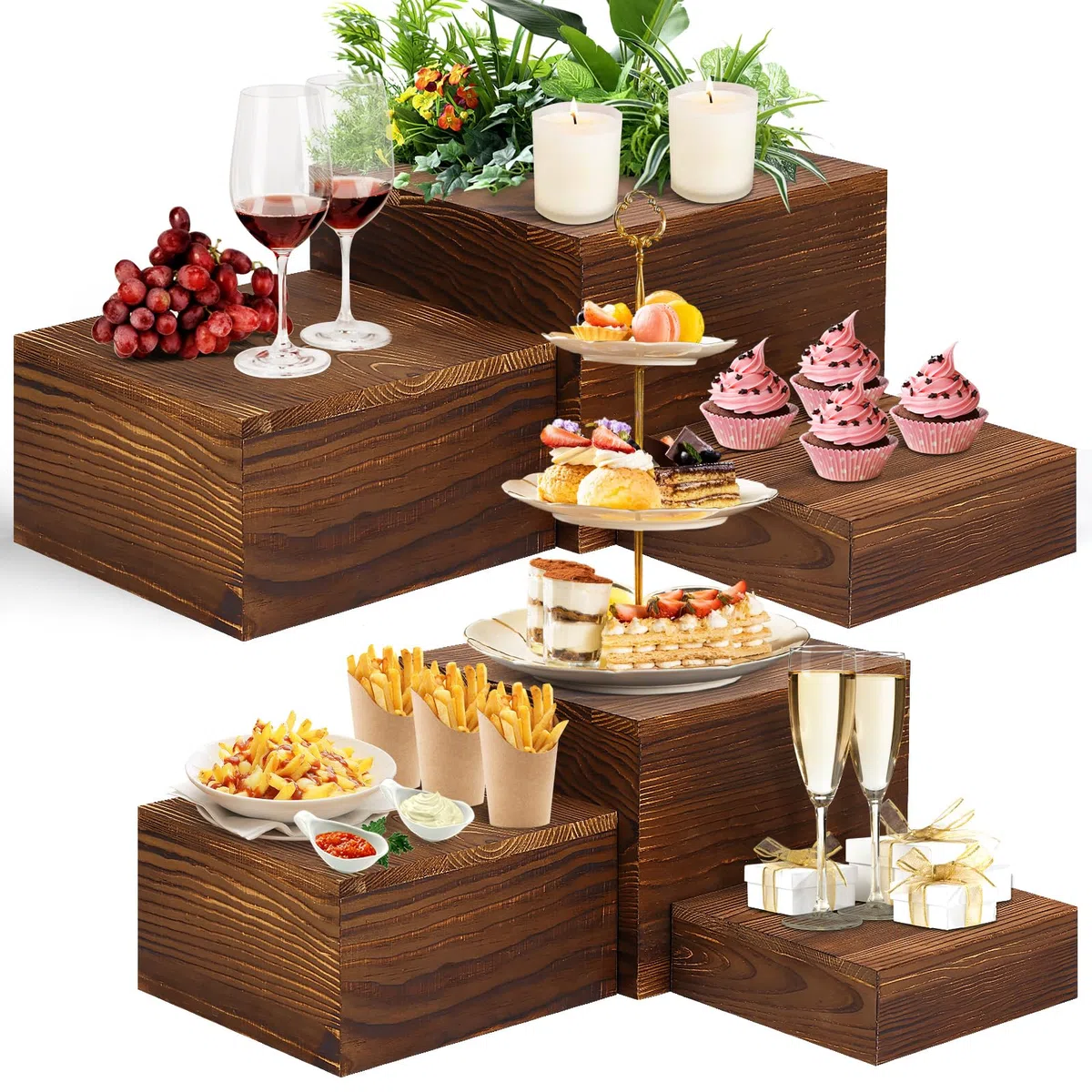 Paquete de 6 soportes de madera para exhibición, elevadores cuadrados de buffet para fiestas, soportes de madera para pasteles, soportes rústicos para cupcakes, cajas de madera para exhibición,