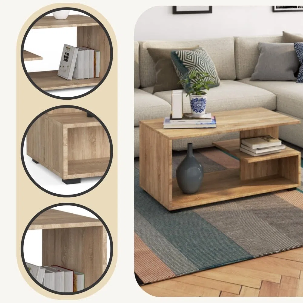 Mesa de café de madera | Mesa de centro moderna | Cómoda para la sala de estar | Decoración del hogar | Mesas de 3 niveles | Tablero laminado de aglomerado de 16 mm | 90 x 45 x 51 cm | Roble Sonoma