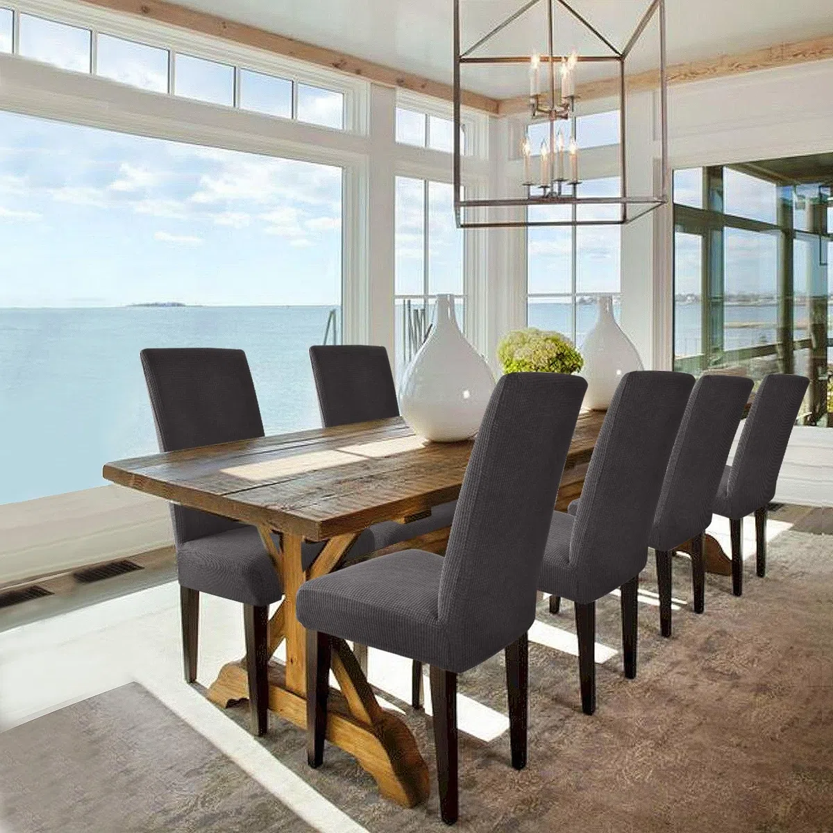 Fundas para sillas 6 Piezas Fundas de Sillas de Comedor Elástico Jacquard Cubiertas de Silla Funda de Silla elástica Fundas Sillas para Decoración de Fiesta (Gris Carbono, 6 Piezas)-M
