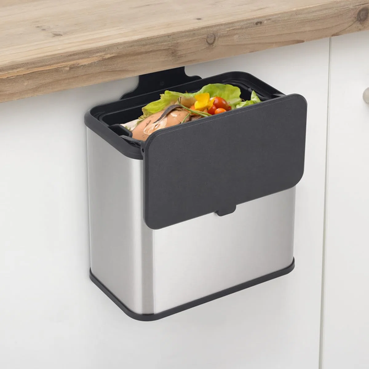 5five - Contenedor de compostaje de acero inoxidable de 5 l con gancho para colgar, doble apertura, cubo extraíble, revestimiento antihuellas, fácil limpieza
