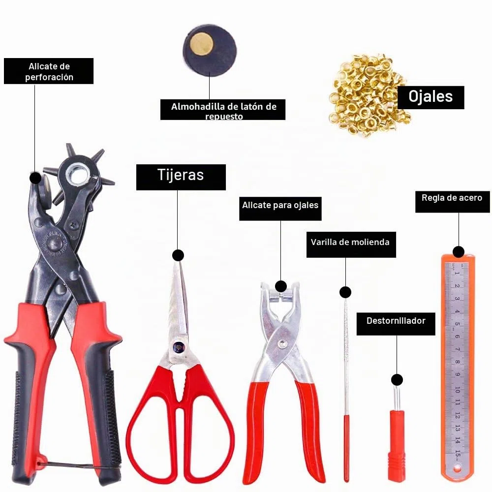 Glarks Alicates perforadores de metal ajustables resistentes para cinturón de cuero giratorio con alicates de ojales, kit de herramientas para cinturón, correas de reloj, sillín, zapatos, manualidades