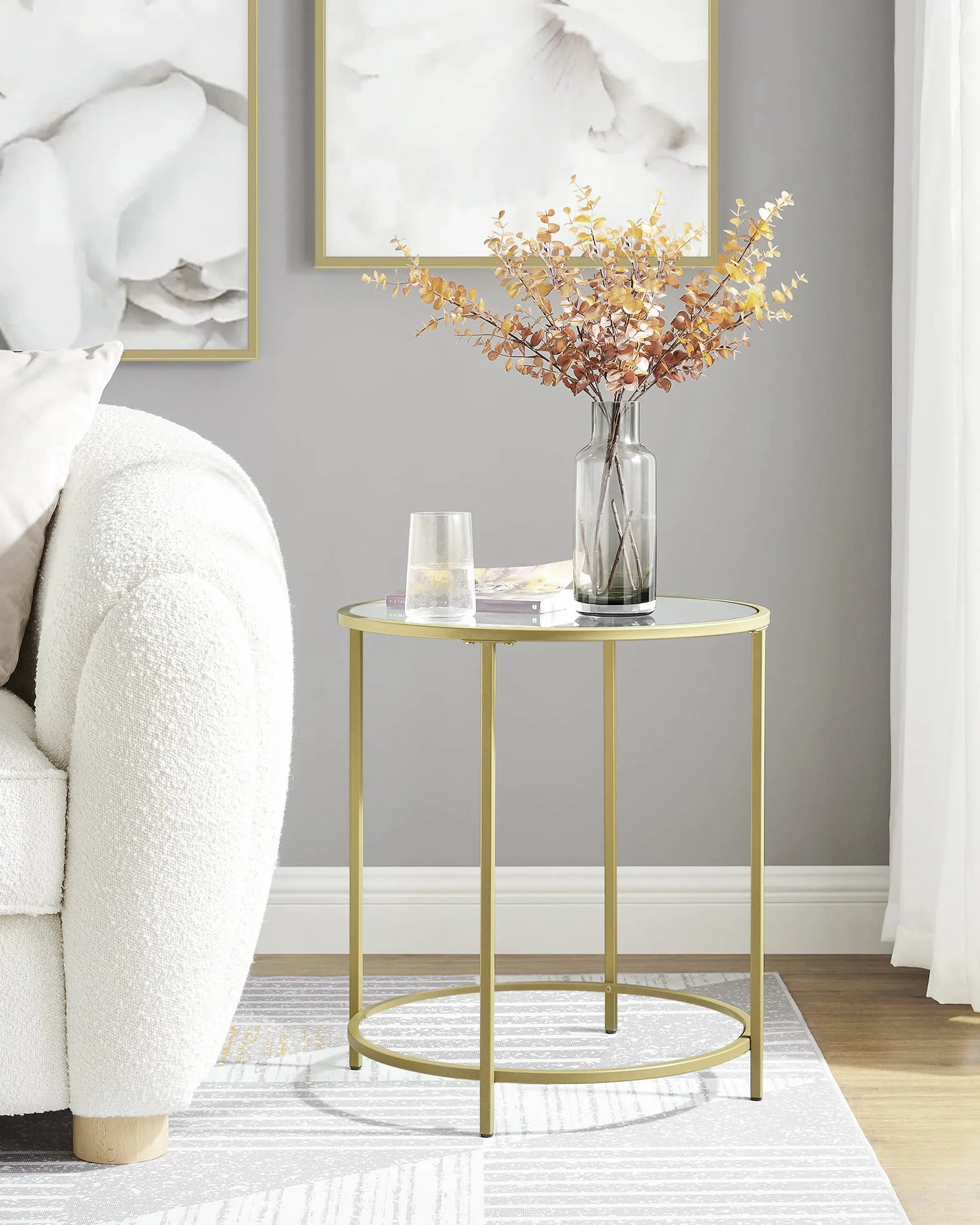 VASAGLE Mesa Auxiliar Redonda, Mesita de Noche de Cristal con Marco de Acero, Mesa de Centro Pequeña, para Salón, Balcón, Decorativo, Dorado y Transparente LGT20G